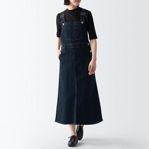 MUJI 98% Organic Cotton Strech Denim Overall Skirt Dark Navy Blue sz L Japan